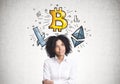 Pensive African American businesswoman, bitcoin