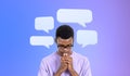 Pensive African man college student with speech bubbles Royalty Free Stock Photo