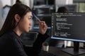 Pensive asian it programmer thinking at html script development Royalty Free Stock Photo