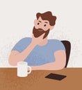 Pensive bearded guy sitting at table with thoughtful face expression vector flat illustration. Male portrait thinking