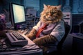 Pensive Bengal cat in a blue tie near a laptop and a diary sits, home office. Remote work, freelance