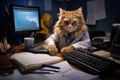 Pensive Bengal cat in a blue tie near a laptop and a diary sits, home office. Remote work, freelance