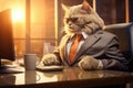 Pensive Bengal cat in a blue tie near a laptop and a diary sits, home office. Remote work, freelance