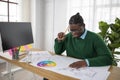 Pensive Black Engineer Man Making Technical Drawing Of Object Indoor Royalty Free Stock Photo