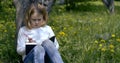 Pensive blonde little girl is drawing in sketchbook sitting in forest under tree, sunny weather