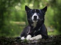 pensive blue-eyed Siberian Husky black suit