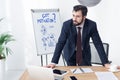 pensive businessman looking away at workplace in office with got motivation inscription and business graphs Royalty Free Stock Photo