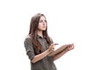 Pensive casual woman with clipboard, isolated Royalty Free Stock Photo