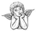 Pensive cute angel child. Cute baby with wings. Hand drawn sketch vintage illustration
