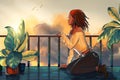 Pensive and dreamy lonely young woman sitting on the terrace looking at the clouds and sunset. Colorful drawing illustration.
