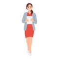 Pensive employee or business woman holding document. Young female character carrying papers. Portrair of adult modern woman in