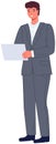 Pensive employee or businessman holding document. Portrait of young male character carrying papers