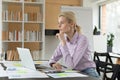 Pensive female project leader thinking over challenge