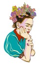 Pensive Frida Kahlo with wreath from flowers. Royalty Free Stock Photo