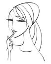 Pensive girl presses her index finger to her lips. Line drawing. Isolated on a white background