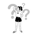 Pensive girl with question marks, vector image.