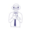 Pensive guy dressed in trendy clothes reading e-book. Hand drawn portrait of smart young man with glasses and electronic