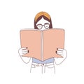 Pensive hipster girl in glasses reading book or preparing for examination. Portrait of thoughtful female student with Royalty Free Stock Photo