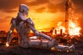 Pensive Humanoid Robot Against Destroyed Earth