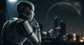 Pensive humanoid robot contemplating the future against a cityscape backdrop Royalty Free Stock Photo
