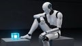 Pensive humanoid robot contemplating glowing cube in dark studio setting, perfect for AI concepts and technological innovation Royalty Free Stock Photo