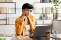 Pensive Lady Entrepreneur Thinking Looking At Laptop In Modern Office Royalty Free Stock Photo