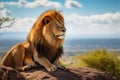 Pensive lion laying on rock in savannah. Generative AI