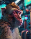 Pensive macaque in a hightech lab vibrant scifi elements a touch of mystery Royalty Free Stock Photo