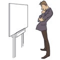 Pensive man looks at an empty board. Agony of creativity. Illustration for internet and mobile website