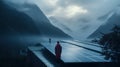 Pensive man in red coat standing on the rooftop equipped with solar panels, looking at a dark foggy landscape. Generative AI Royalty Free Stock Photo