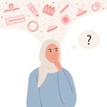 Pensive muslim woman in hijab choosing contraception method. Thoughtful arab female person thinking about contraceptives