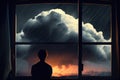 pensive person, watching dramatic thunderstorm from window of cozy room Royalty Free Stock Photo