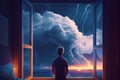 pensive person, watching dramatic thunderstorm from window of cozy room Royalty Free Stock Photo