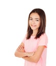Pensive pretty preteenager girl with pink t-shirt