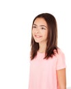 Pensive pretty preteenager girl with pink t-shirt