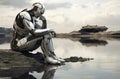 Pensive Robot sits on the river bank