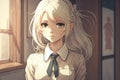 Pensive schoolgirl with big eyes and white hair. Generative AI.