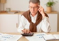 Pensive Senior Man Using Calculator Sitting In Modern Office Royalty Free Stock Photo