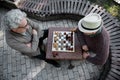 Pensive senior men playing chess in park Royalty Free Stock Photo