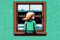 Pensive serious girl looking through window at home, 8 bit style, clear style