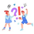 Pensive smart children with question and exclamation sign, cartoon vector