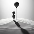 Pensive Solitude: Little Boy with Balloon in a Black and White World Royalty Free Stock Photo