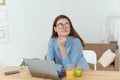 Pensive student girl sit in front of laptop thinking over task . Young concerned woman deep in their thoughts frown Royalty Free Stock Photo