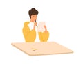 Pensive student guy holding paper sheet and pen sitting at table vector flat illustration. Focused male thinking on test