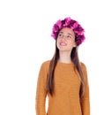 Pensive teenager girl with purple flowers in her head Royalty Free Stock Photo