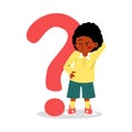 Pensive thinking child next to question mark, flat vector illustration isolated.