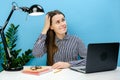 Pensive troubled secretary employee young caucasian girl 20s sitting work at white office desk with laptop, shocked looking at Royalty Free Stock Photo