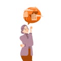 Pensive Woman Character Thinking of Buying Real Estate and Residential House Vector Illustration