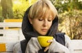 Pensive Woman With Coffee In A Cafe On The Street Portrait Lifestyle