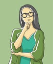 Pensive woman with glasses thinking with hand on chin.